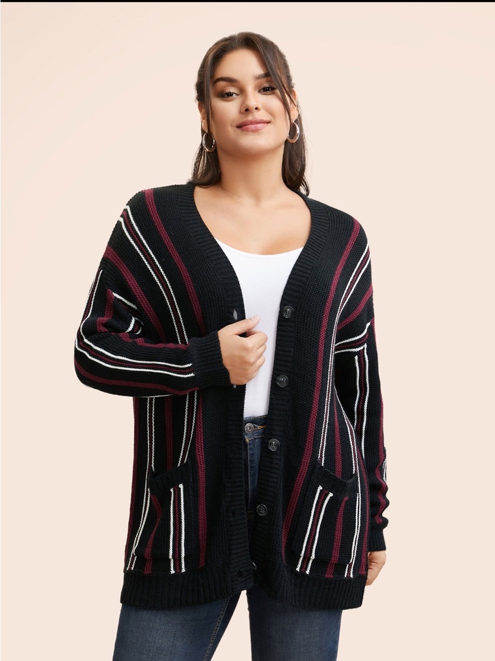 BloomChic Striped Open-Front Cardigan Sweater in Black and Burgundy size L (12)